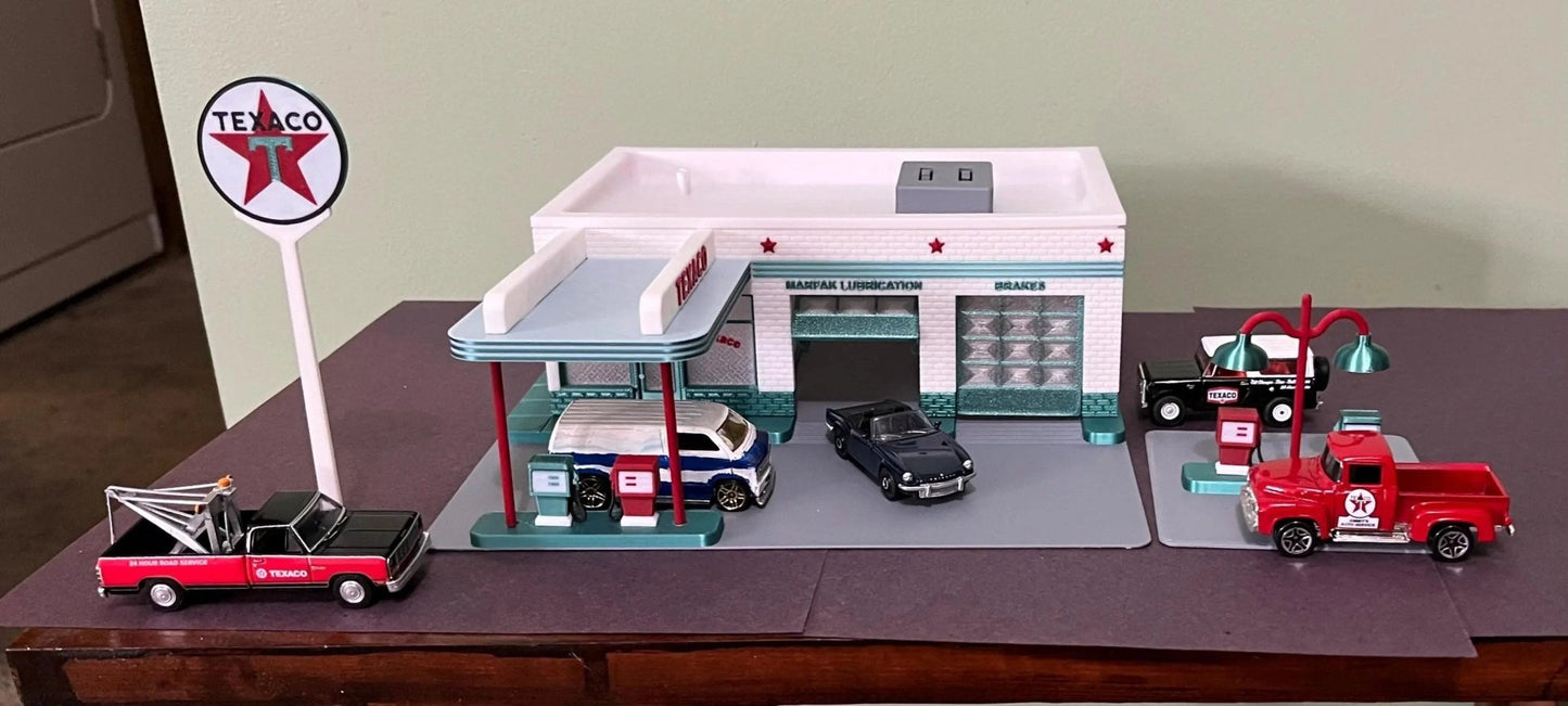 1/64 Scale Two - Bay Garage Diorama: Gas Station, Service Center for Hot Wheels, Matchbox and other 1/64 scale Diecast. Any company logo you want! - ZS3DPrintZ