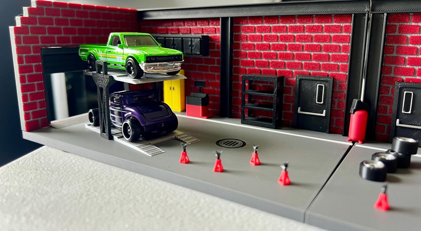 1/64 Scale 3D Printed Garage and Repair Shop Diorama: Hot Wheels, Matchbox Display. With Car Lift, Shelves, Jack Stands, Etc - ZS3DPrintZ