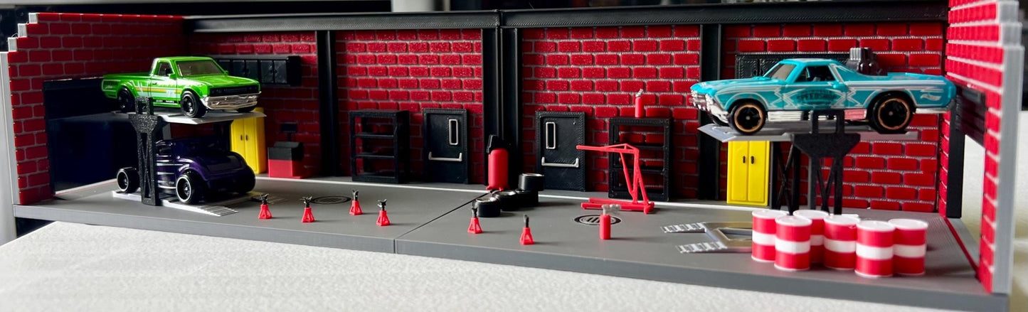 1/64 Scale 3D Printed Garage and Repair Shop Diorama: Hot Wheels, Matchbox Display. With Car Lift, Shelves, Jack Stands, Etc - ZS3DPrintZ